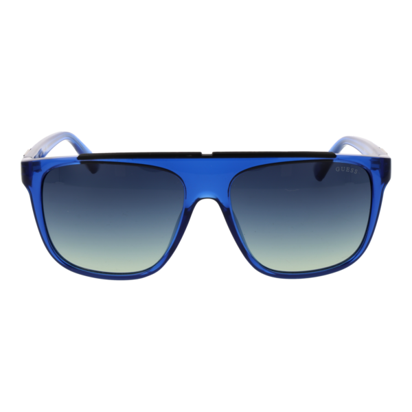 Guess Sonnenbrille GU00123 5890W – Frontansicht mit Edelstahl Rahmen und Blau Gläsern