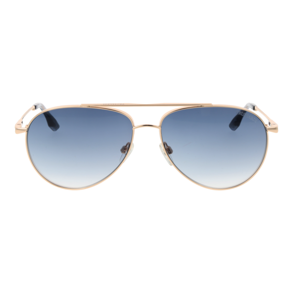 Trussardi Sonnenbrille TSM3015 6204A – Frontansicht mit Edelstahl Rahmen und Blau Gläsern